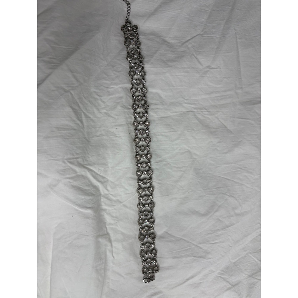 Sparkling Rhinestone Choker Necklace Silver Tone Chain Adjustable Clasp